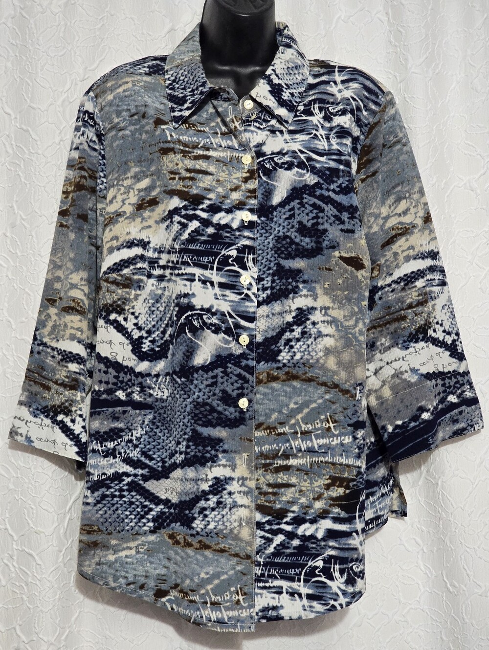 Kim Rogers Womens Blouse 20W Plus Grey Multicolor Button Front 3/4 Sleeve